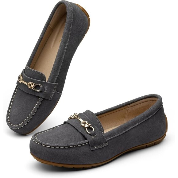 Kordal Women's Grey Leather Gold Accent Buckle Slip-Ons Comfortable Loafers - Picture 9 of 9